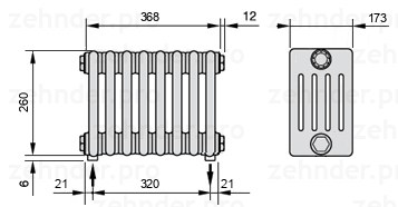 Схема (чертеж) Радиатор Zehnder Charleston 5026/8 №5310 Белый глянцевый RAL 9016
